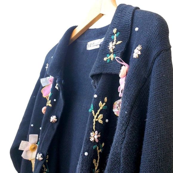 vintage Christmas Sweater 90s Beaded Xmas Stockings Black Cotton Ramie 10 12 - Picture 8 of 13